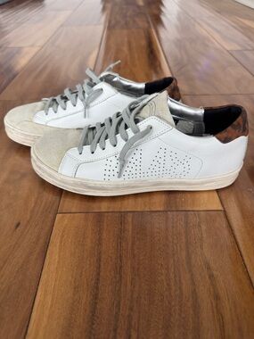 P448 Distressed White Leather Sneakers with Gray Accents and Leopard Heel